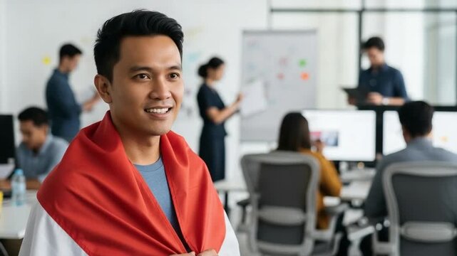 Young Asian male employee wearing Indonesian flag as cape in modern office, celebrating national independence day, patriotic corporate worker, diversity and national pride concept