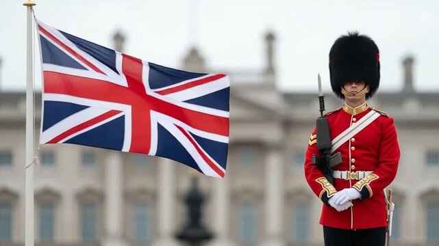 British Royal Guard Standing at Attention with Union Jack Flag, Traditional Ceremonial Soldier in Red Tunic and Bearskin Hat, Symbol of Monarchy and Heritage