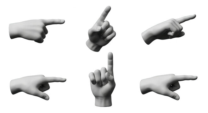 several 3d sculpted hand models pointing and indicating various directions against a plain white backdrop highlighting gesture tutorials or infographics