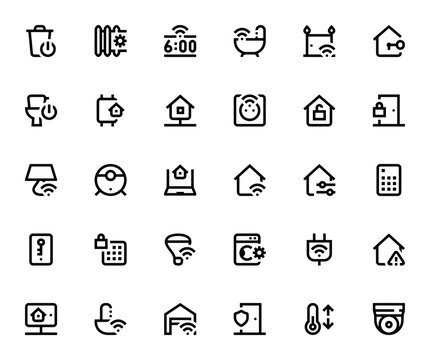 Smarthome icon set. Minimalist smart home icons pack. Vector illustration. Featuring trash, heating, alarm clock, lock, smartwatch, network, socket and more. Editable vector stroke.