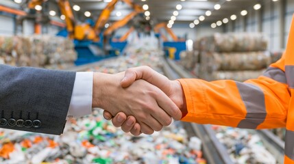 Fototapeta premium A waste recycling deal handshake, with a sorting conveyor separating recyclables and compressed material bales stacked behind.