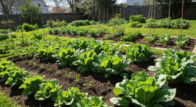 Lush Vegetable Garden with Rows of Healthy Green Plants.