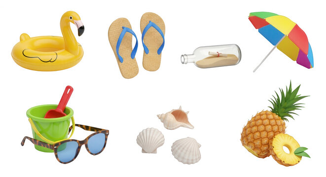 beach vacation set of items against a bright white background summer fun and travel themes