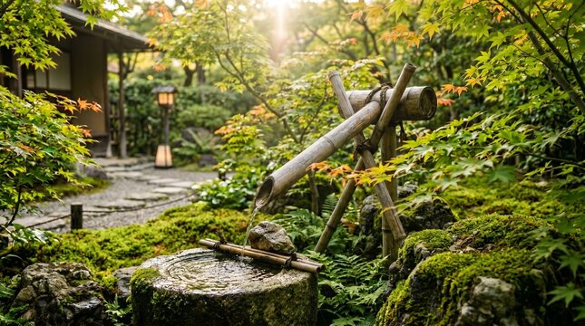 Cinematic Photography of Shishi-odoshi in Tranquil Japanese Zen Garden