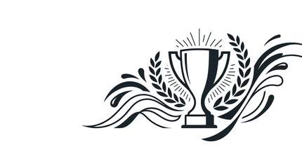Fototapeta premium Black and white trophy cup illustration with decorative laurel leaves and abstract flowing lines.