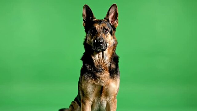 Isolated Majestic German Shepherd Dog Displaying Alert Demeanor on Vibrant Green Screen Background for Digital Overlays