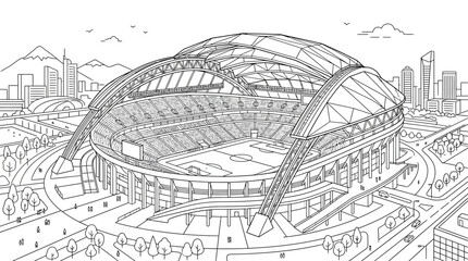 Detailed Line Art Drawing of a Modern Sports Stadium. © Budi Santoso