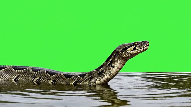 Isolated Python Snake Gliding Through Calm Water On Green Screen Background For Cinematic Visual Effects