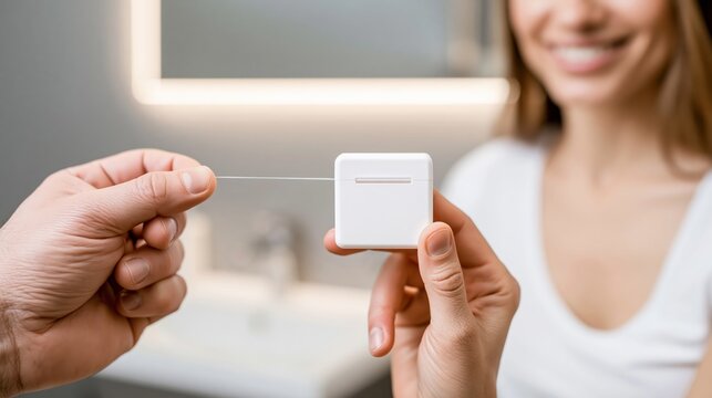 A person pulling dental floss from a plain white blank floss container with the blank front facing the camera.