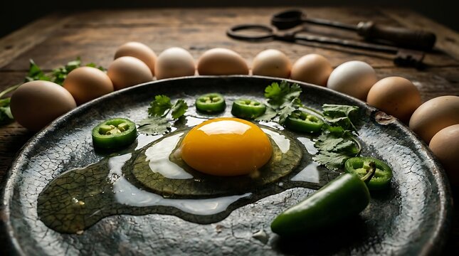 Telur mentah dengan irisan cabai hijau dan daun ketumbar segar di piring rustic untuk masakan pedas alami