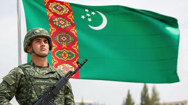 Young Turkmen soldier in camouflage uniform standing guard in front of national flag, representing military service, patriotism, national defense, and security concept