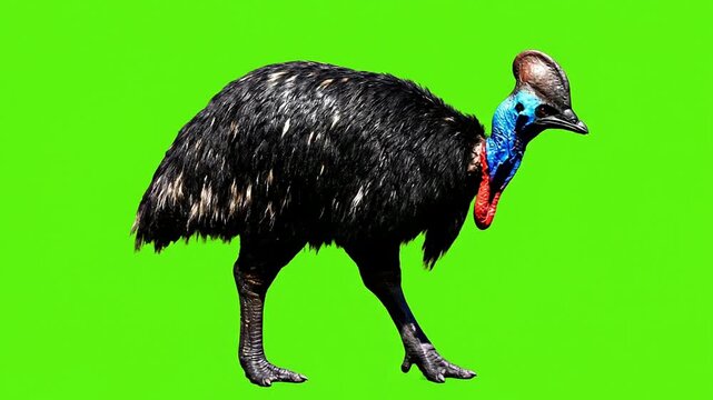 Isolated Walking Cassowary on Green Screen Background Ideal for Animation and Video Overlay In 4K Resolution
