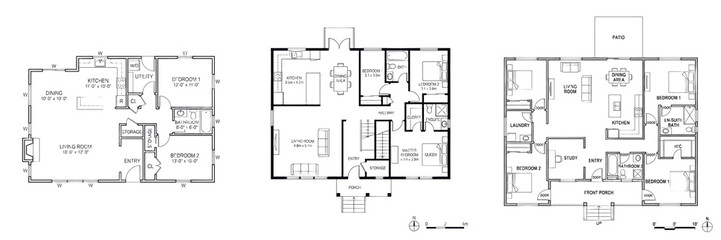 Set and collection of black outline sketch of architectural blueprint house floor plan isolated on white transparent png background © createrthing
