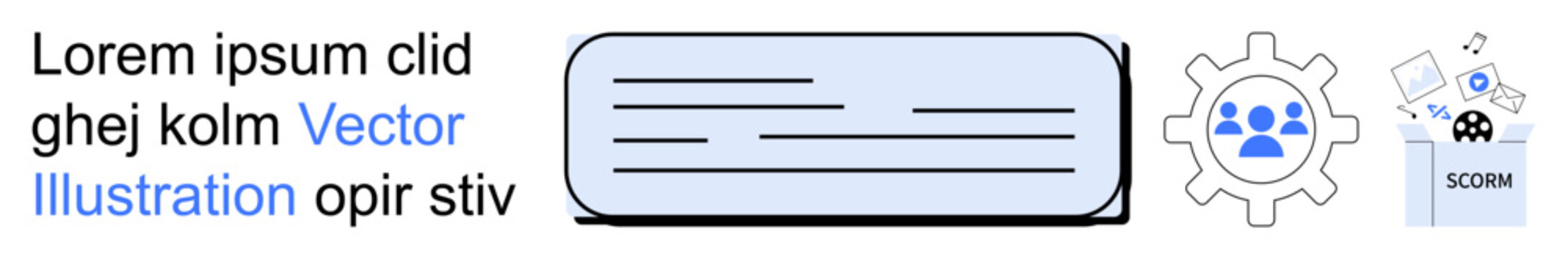 User interface design, team management, app settings, workflow organization, multimedia layouts, educational tools. Textbox, gear icons for digital media and teams. User interface design and team