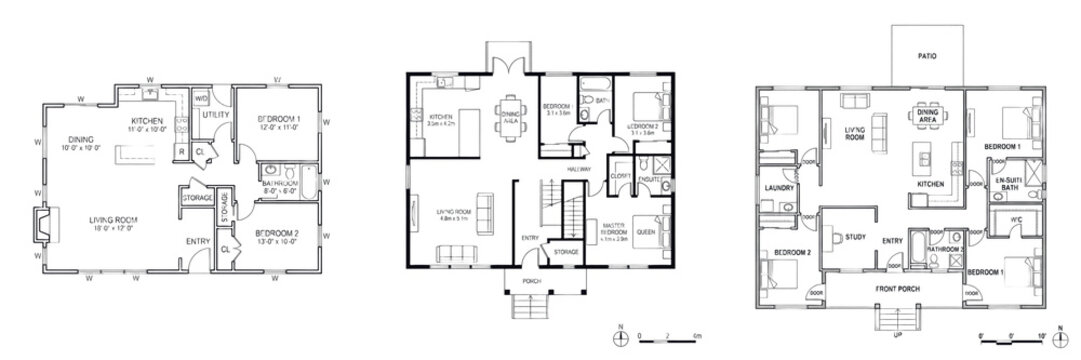 Set and collection of black outline sketch of architectural blueprint house floor plan isolated on white transparent png background