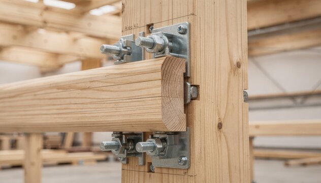 Closeup medium shot of precisioncut mass timber beamtocolumn joint showcasing intricate hardware fitting and seamless wood grain alignment.