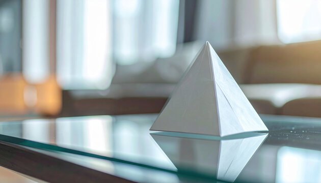 Pyramid paperweight geometric metal silver table Glass table display with silver metal pyramid paperweight, geometric decor