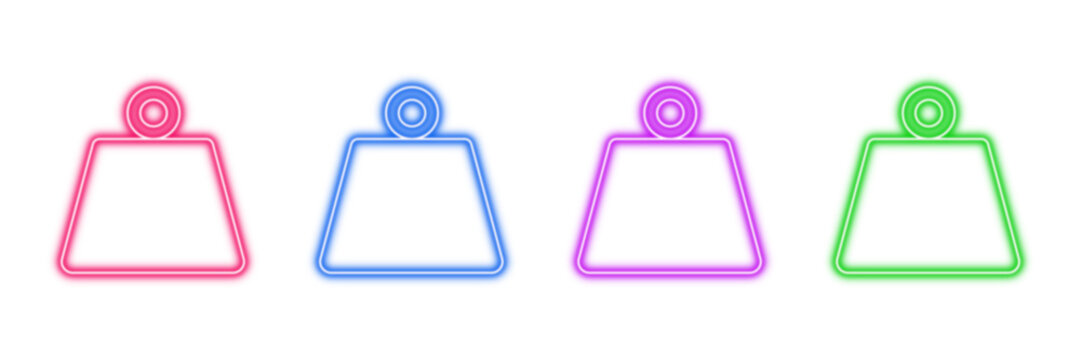 Neon glowing weights vector icons set, heavy, mass, load, gravity, measurement, vibrant colorful digital design illustration on transparent background.