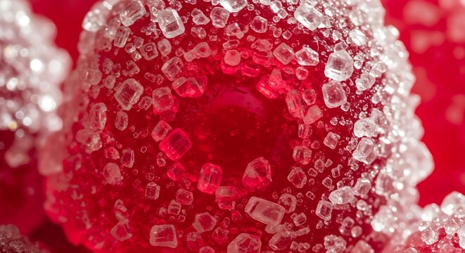 Close-up of a red candy covered in sugar crystals on surface
