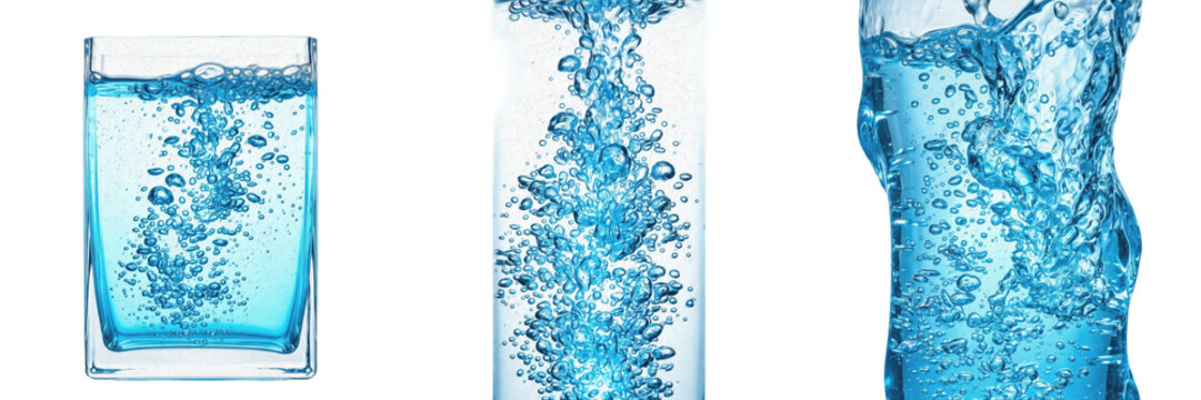 Set and collection of high speed blue water splash fluid motion design isolated on white transparent png background