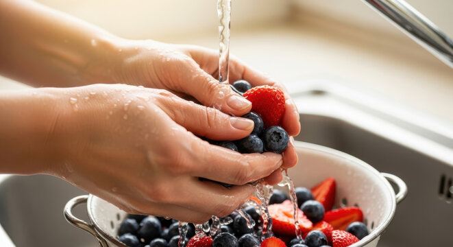 Washing berry fruit running water with hands kitchen sink treating kidney disease with healthy natural food rich antioxidants and vitamins