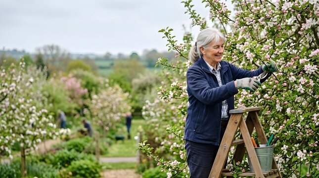 Mature woman pruning apple tree branches in a sunny orchard in spring