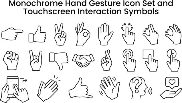 Monochrome Hand Gesture Icon Set and Touchscreen Interaction Symbols; includes Thumbs Up, Handshake, Peace Sign, Pointing Finger, and Mobile App Navigation Concepts.