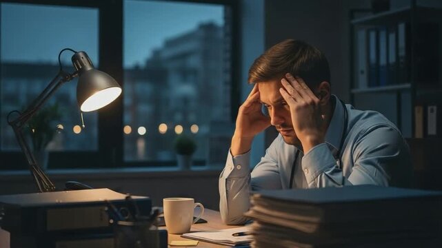 Stressed male doctor working late at night in office, exhausted physician with headache, medical professional burnout, healthcare worker fatigue, overtime hospital shift concept
