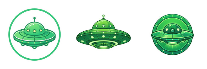 Set and collection of futuristic 3d rendering of a metallic green alien ufo spaceship isolated on white transparent png background © createrthing