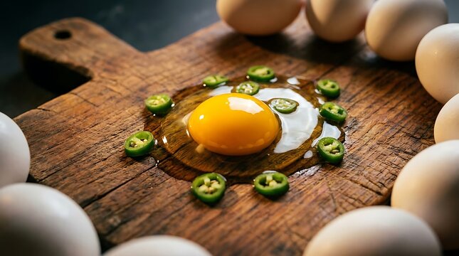 Telur mentah segar dengan irisan cabe hijau di atas talenan kayu untuk persiapan masakan sehari-hari