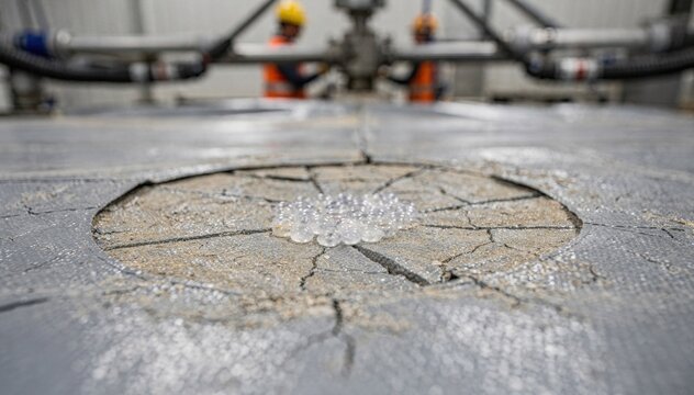 Stress testing of advanced landfill cover membrane highlighting microcapsule activation in sharp detail with blurred machinery and operators in background.