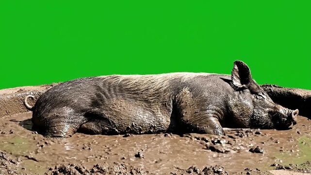 Muddy Pig Resting Peacefully in Swamp, Isolated on Green Screen Background for Creative Agricultural or Animal Projects