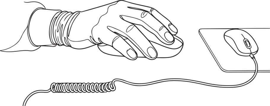 Line art illustration of a gloved hand using a computer mouse. Hand in protective glove clicking a PC mouse input device, minimalist vector sketch for technical or medical concepts