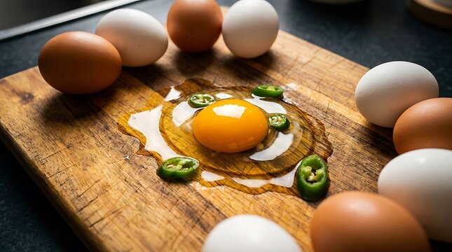 Telur segar dengan kuning telur dan irisan cabai hijau di papan kayu siap olah sebagai bahan masakan sehari-hari