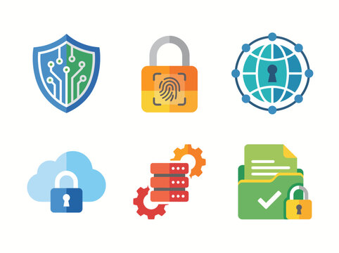 An array of digital security icons, showcasing elements like padlocks, shields, and database symbols, emphasizing the importance of cybersecurity in today's digital age and technology.
