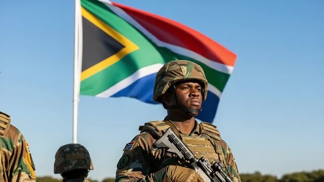 Young Black male soldier in camouflage uniform standing guard in front of a national flag, representing military service, patriotism, defense, and national security