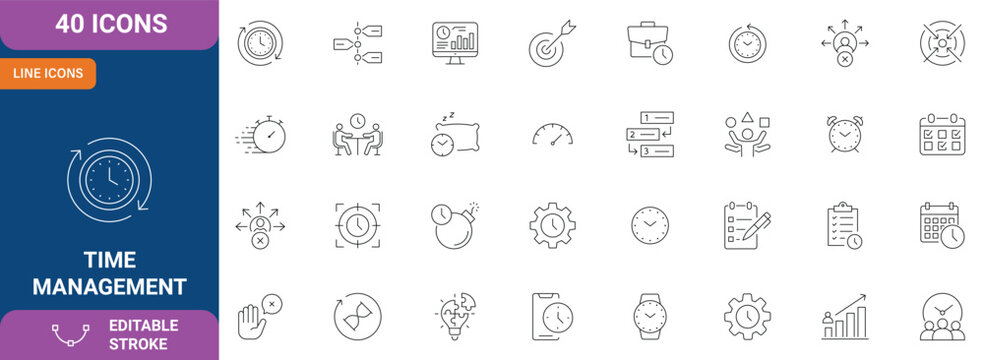 Time management icon set. Containing schedule, to-do list, task, planner, calendar, delegation, reminder, timer, set priorities and etc. Icon Collection. Editable stroke. Vector illustration