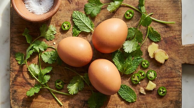 Telur segar dengan daun ketumbar, daun mint, irisan cabai hijau dan potongan jahe di papan kayu untuk resep masakan sehat dan alami