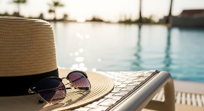Sun hat straw with sunglasses on a luxury sun lounger by infinity swimming pool, perfect for summer vacation and holiday travel concepts.
