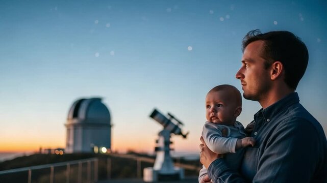 Father holding baby son at observatory during twilight, exploring astronomy and science together, concept of future discovery, parenting, and fatherhood bonding