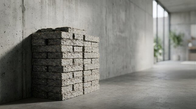 Stack of compressed natural fiber building blocks against concrete wall