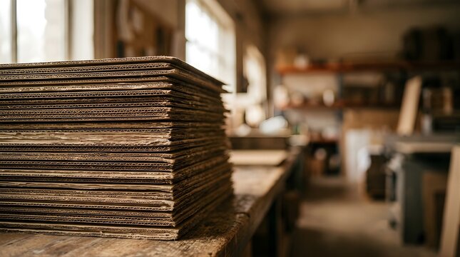 Stack of recycled cardboard sheets on a wooden workshop table surface
