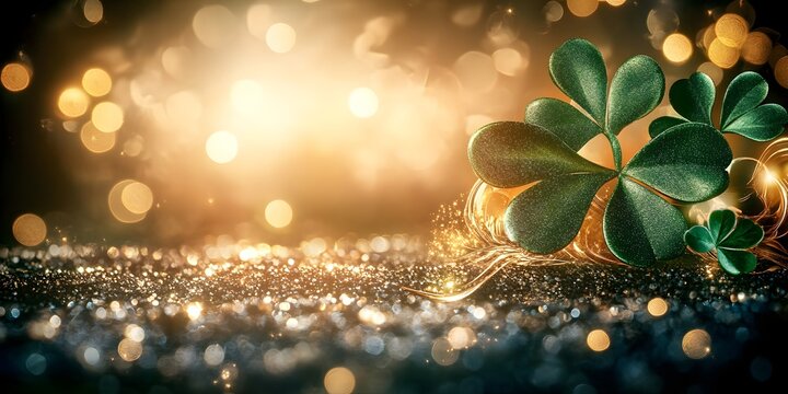 Shining shamrocks, gold bokeh.