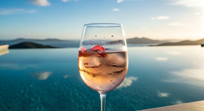Glass of sparkling red wine splashing outdoors by the sea at sunset for lifestyle hospitality marketing and summer vacation promotions