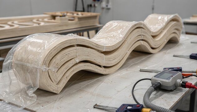 Medium view of shaped mullions undergoing vacuumassisted lamination emphasizing the creation of intricate curved architectural elements from thin wood layers.