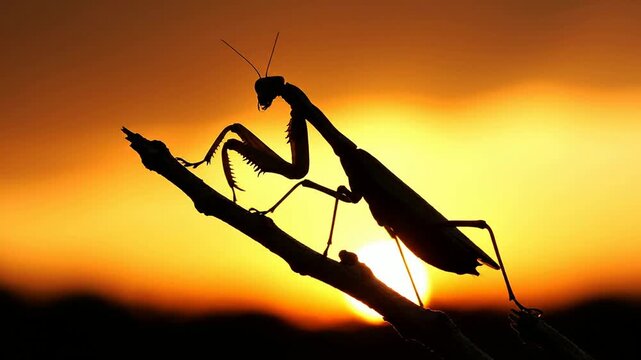 Praying Mantis Silhouette on Branch Against Dramatic Sunset Background, Nature Photography of Insect in Twilight