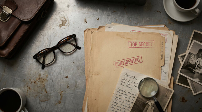 Vintage espionage documents, mysterious and top secret
