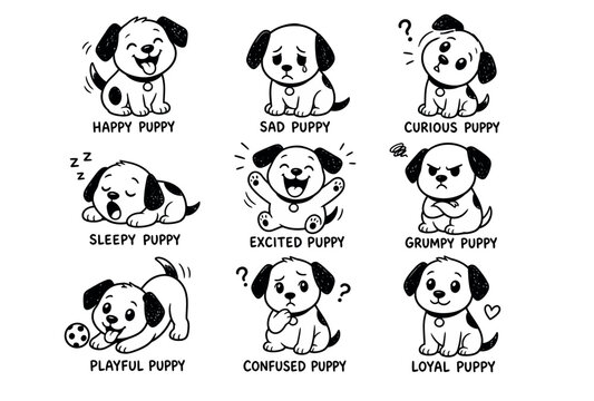 Puppy Emotions Cartoon Faces.