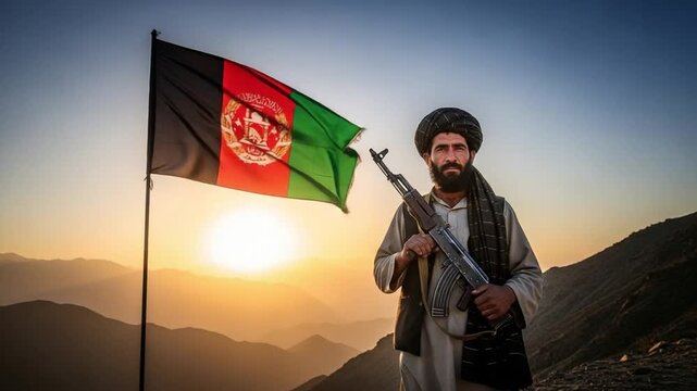 Middle Eastern man in traditional attire holding rifle standing by flag at sunset representing conflict, geopolitical tension, and regional instability