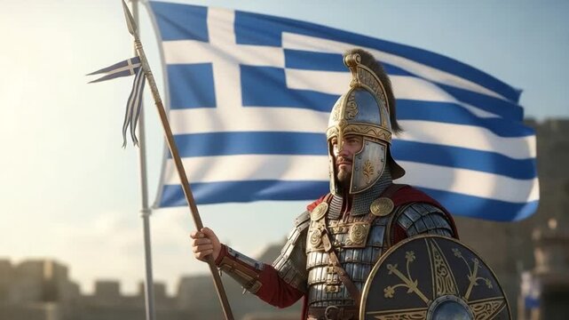 Ancient Greek warrior in historical armor holding a spear with a national flag background representing patriotism, military history, courage, and national pride